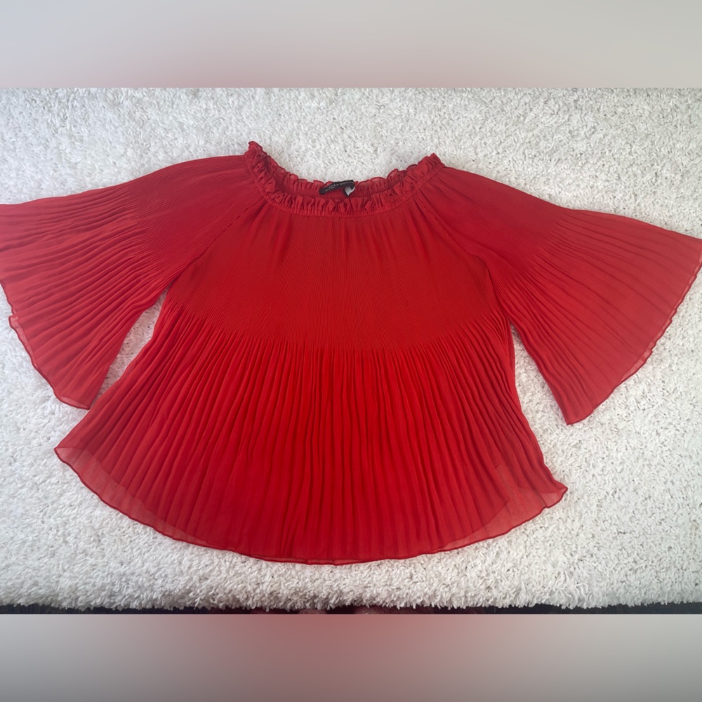 ZARA Woman Red Pleated Off-Shoulder “Flowy” Blouse with 3/4 sleeves Size XS - Picture 7 of 17